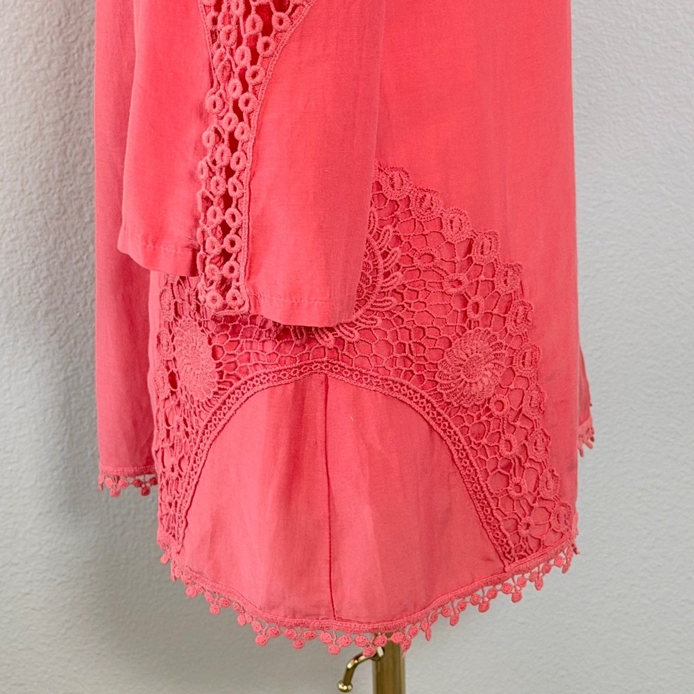 XCVI Coral Pink Cotton Silk Crochet Lace Tunic Top Bohemian Romantic Beachy Sz M - Picture 13 of 16